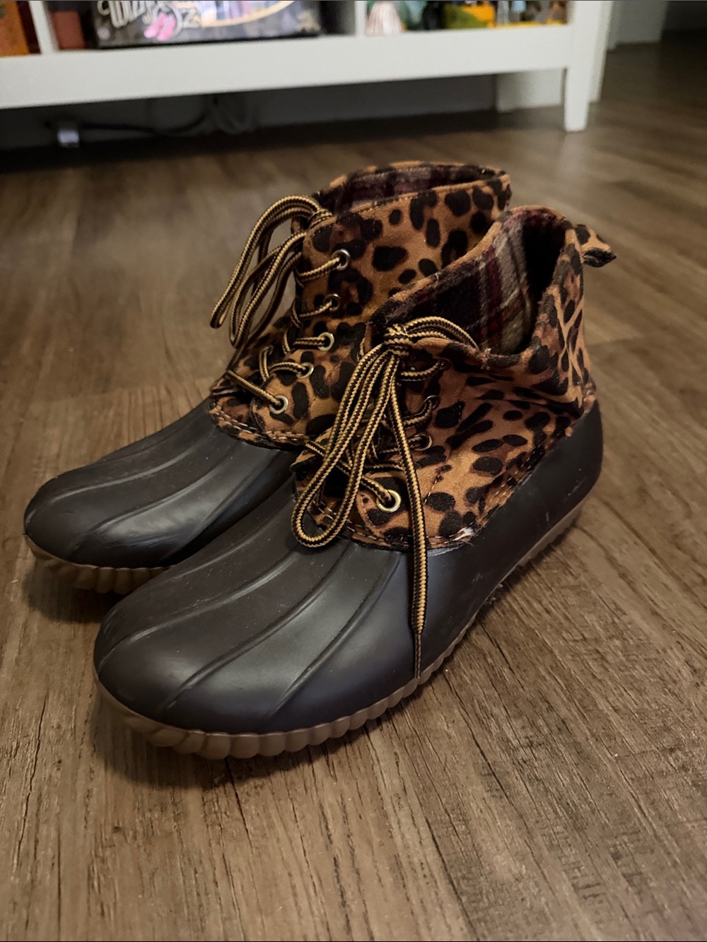 Leopard Print Duck Boots with Black Rubber Toe